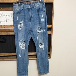 SHEIN Blue Distressed Boyfriend Jeans